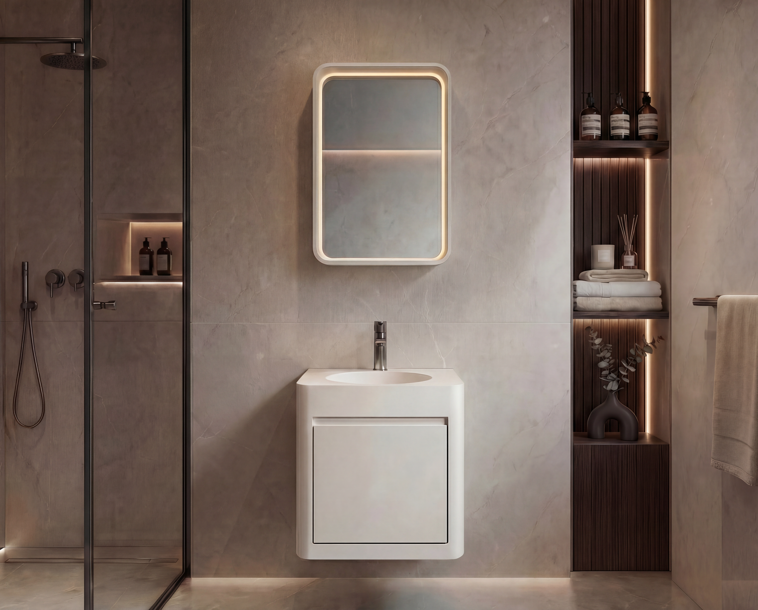 Modern bathroom with a sink, mirror, and shelves.