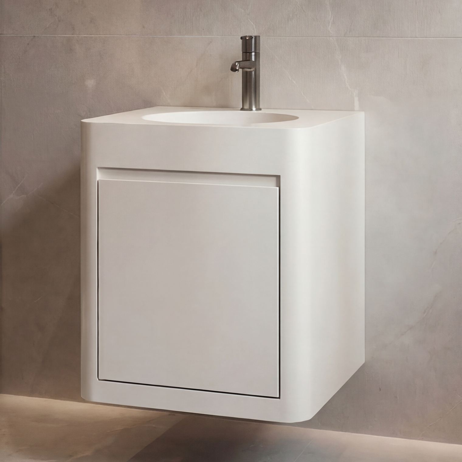Modern bathroom with a sink, mirror, and shelves.
