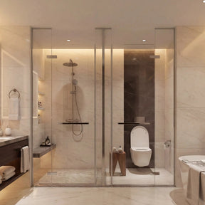 Modern bathroom with shower, toilet, sink, and bathtub.