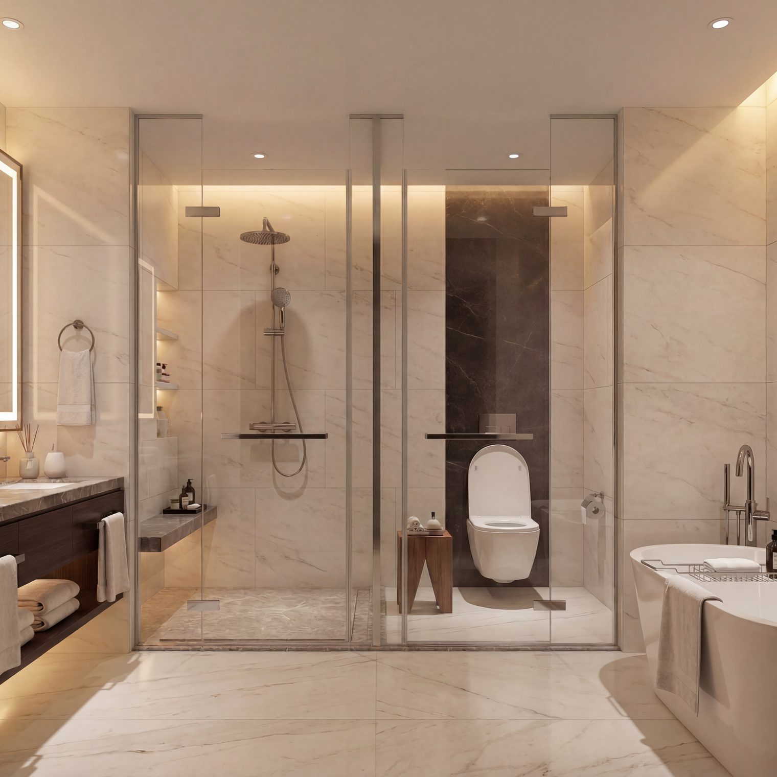 Modern bathroom with shower, toilet, sink, and bathtub.