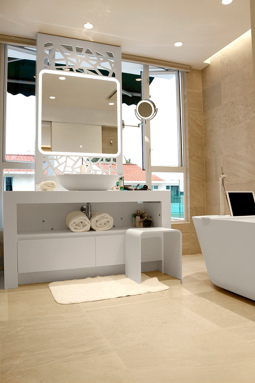 A nice built Bespoke bathroom with INFINITE Solid Surfaces Washbasin and Bathtub.