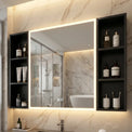 Modern bathroom with marble walls, wooden vanity, and shelves with toiletries.