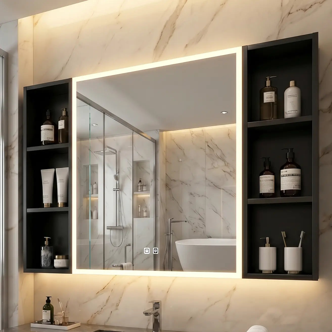 Modern bathroom with marble walls, wooden vanity, and shelves with toiletries.