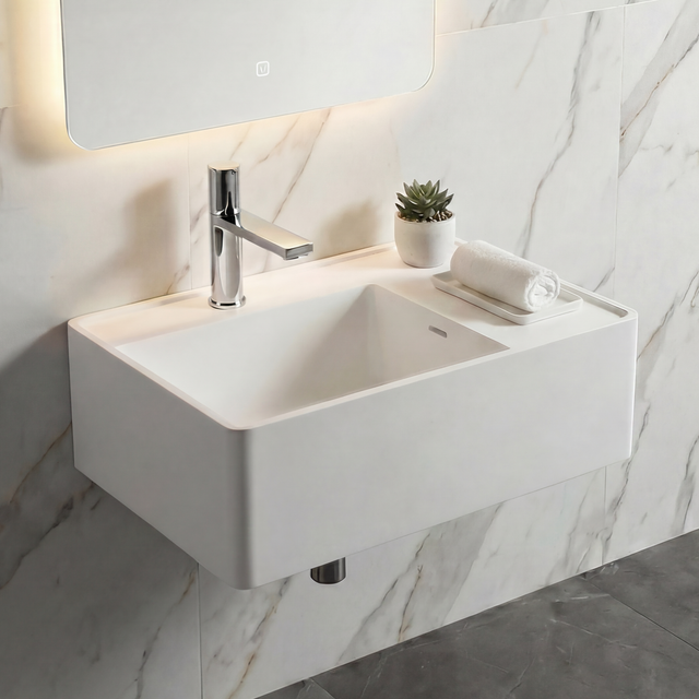 Modern bathroom with a white sink against a marble wall
