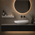 Modern bathroom vanity setup with a white oval vessel sink on a dark floating countertop, a round backlit mirror, wall-mounted black faucets, a floating shelf with toiletries, and warm ambient lighting.