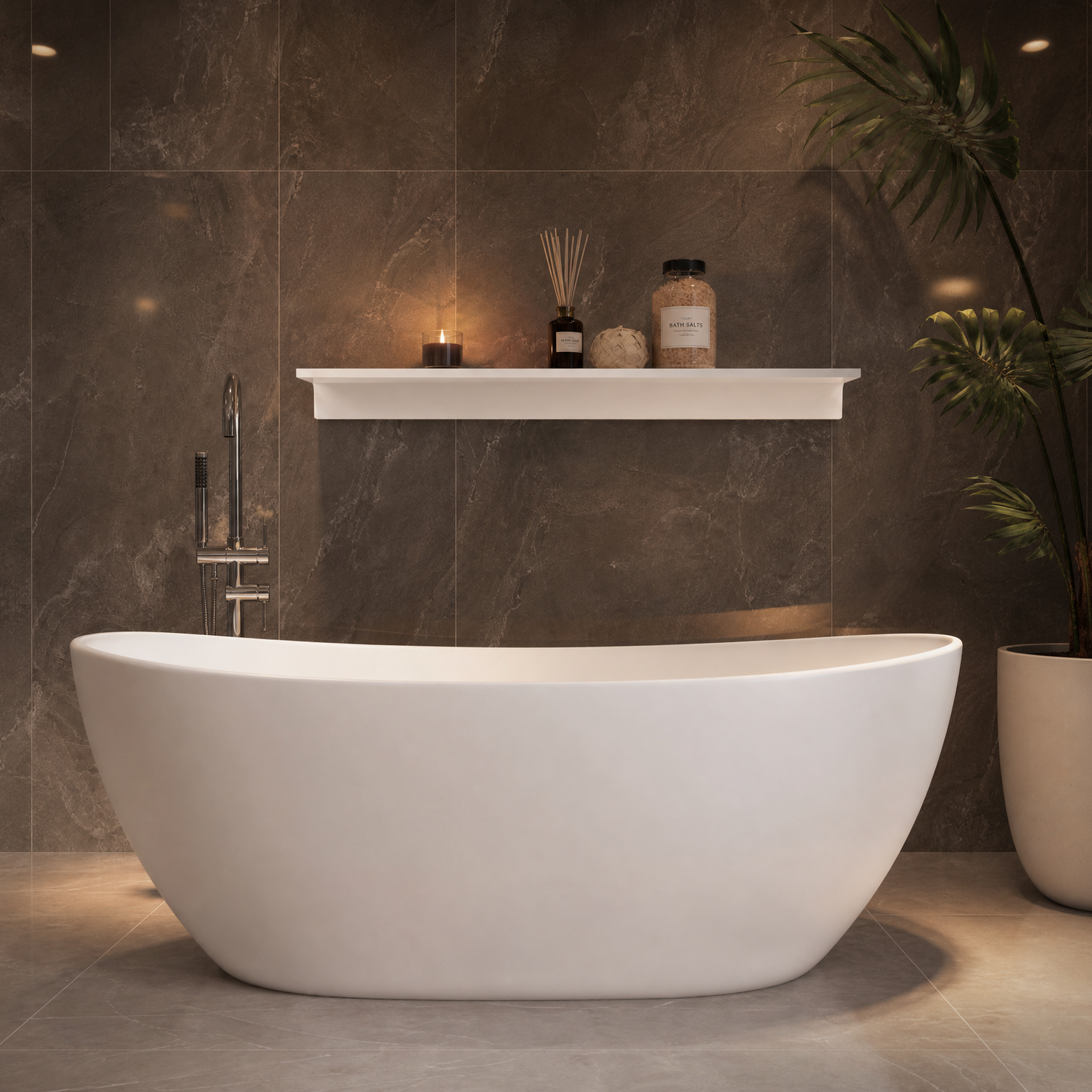 A modern freestanding oval bathtub in matte white, set against a dark brown tiled wall with a floating shelf holding candles and toiletries, and a potted plant to the right.